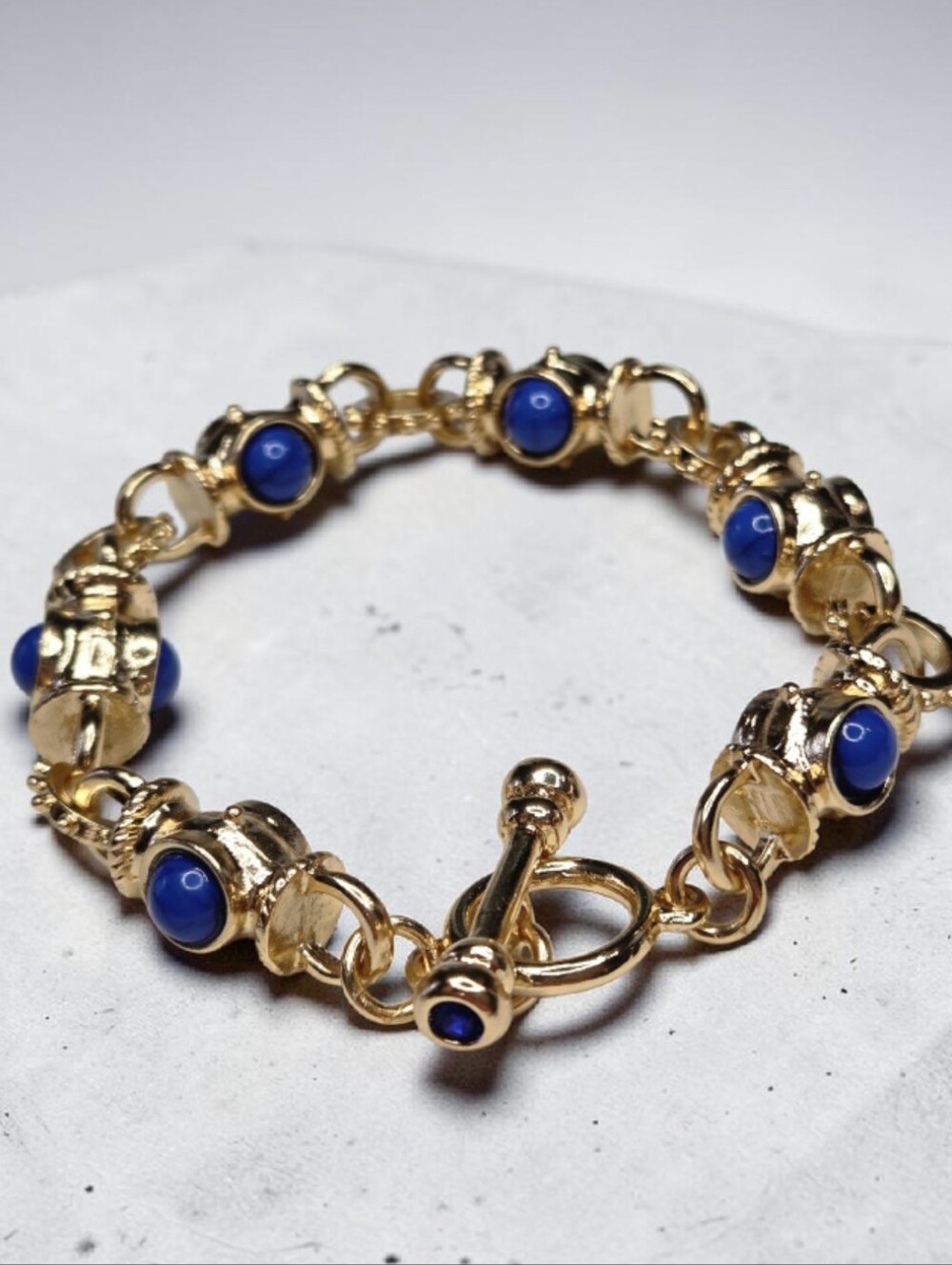 18k Matte Gold Plated Byzantine Revival Lapis Lazuli Cabochon Toggle Bracelet